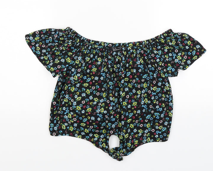 New Look Girls Black Floral Satin Cropped T-Shirt Size 13 Years