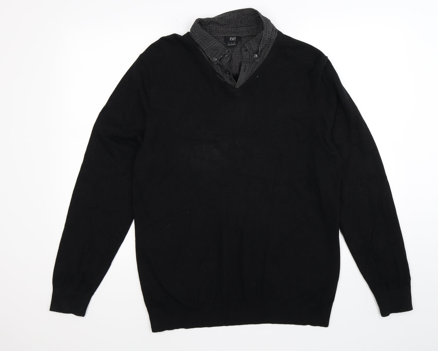 F&F Mens Black  Knit Pullover Jumper Size L  - mock shirt collar