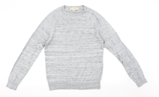 Front view of H&M men’s blue jumper, size S