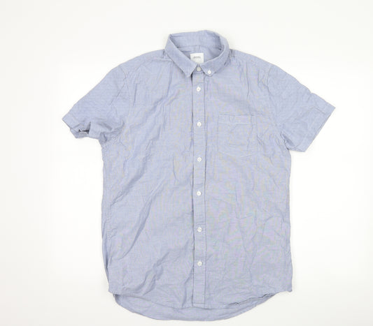 Front view of Burton men’s blue button-up, size M