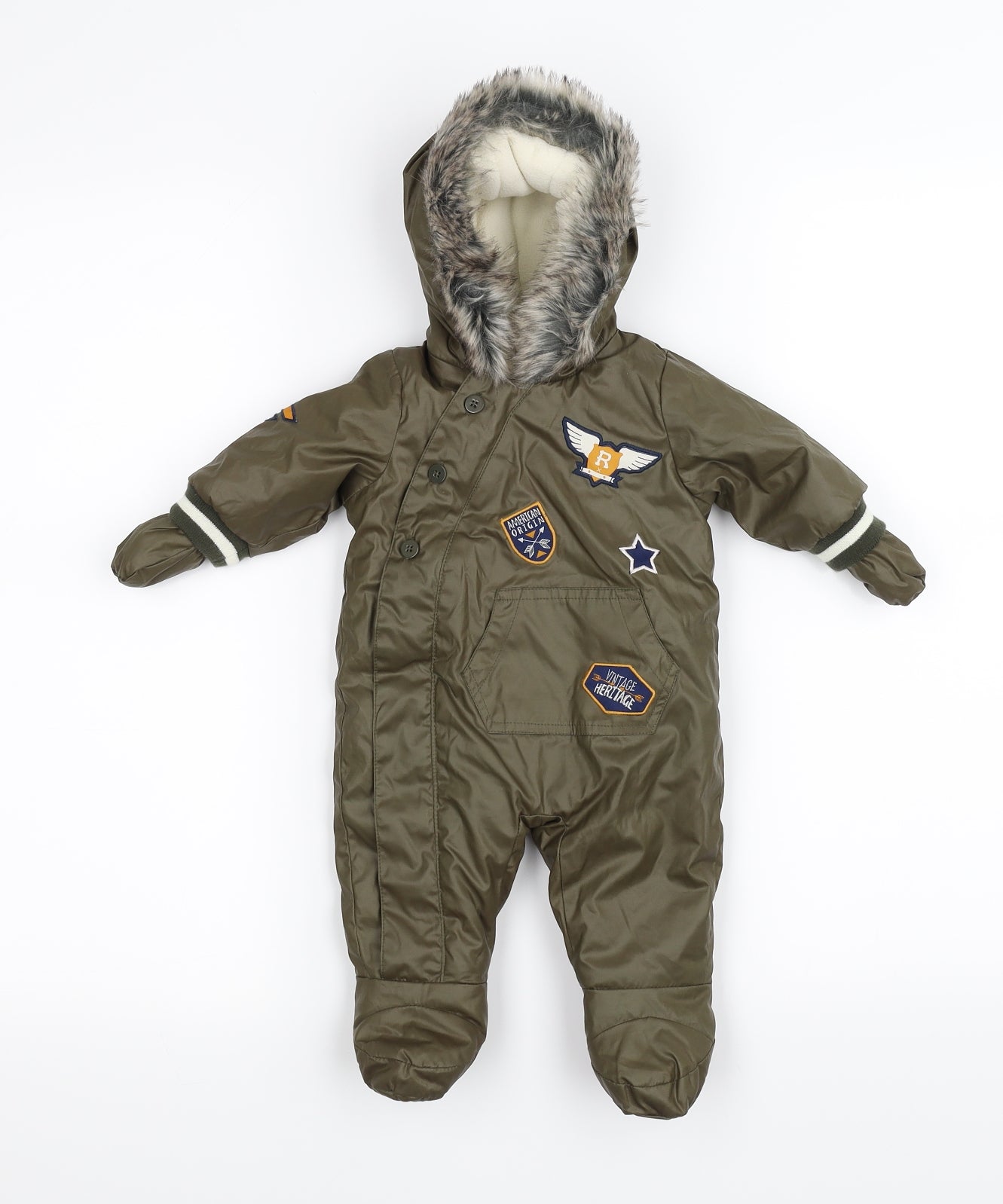 r baby  Green   Ski Jacket Snowsuit Size 0-3 Months  - Patchwork, gloves