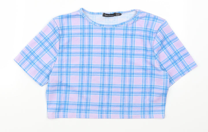 Boohoo Womens Purple Check Cropped T-Shirt Size 14