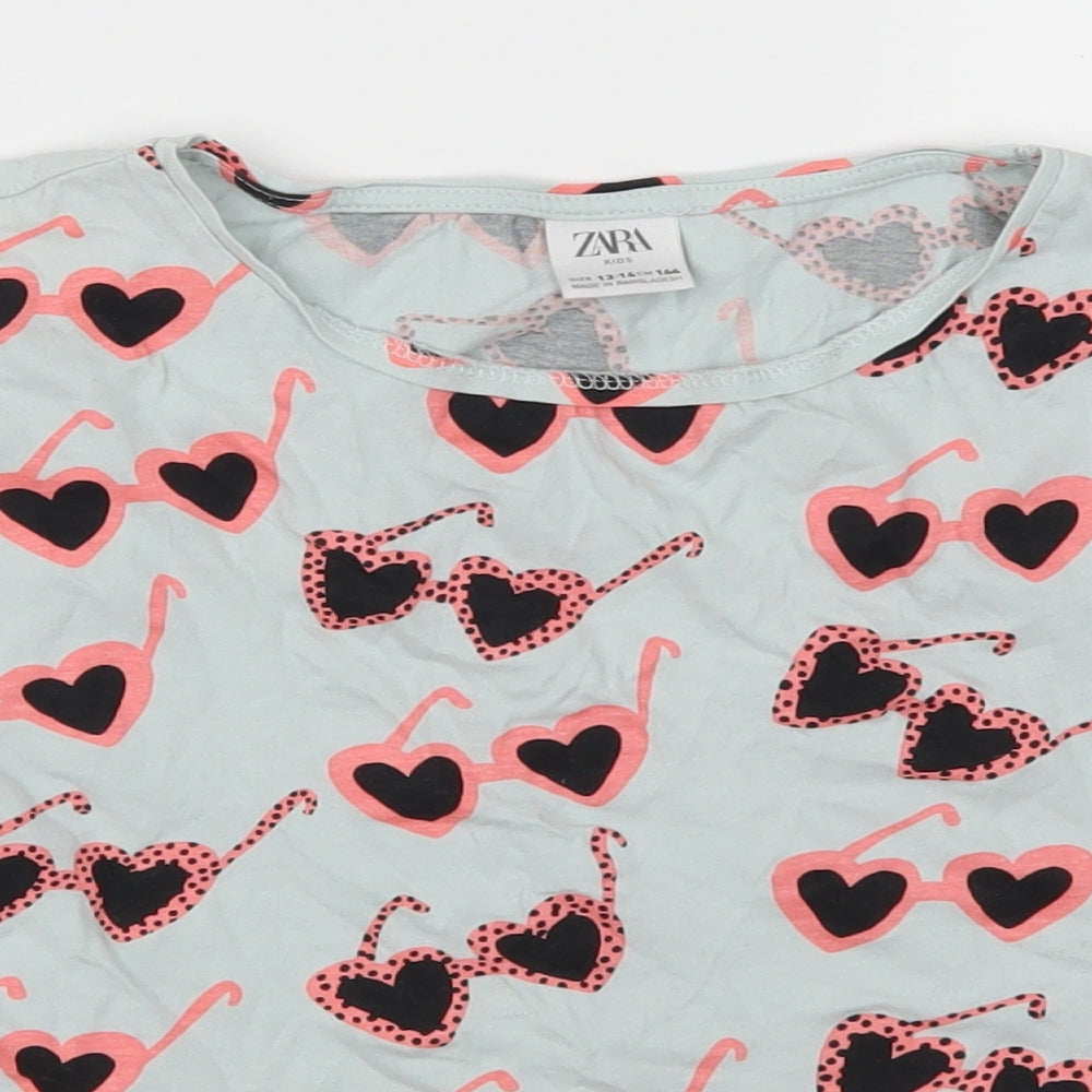 Zara Girls Blue   Basic T-Shirt Size 13-14 Years  - Pink Heart Sunglasses