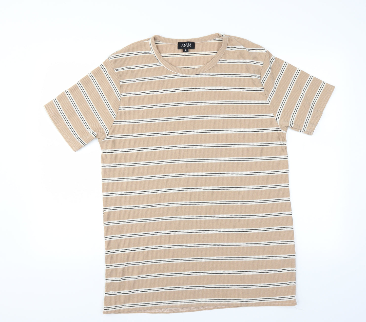 Boohoo Mens Beige Striped   T-Shirt Size L