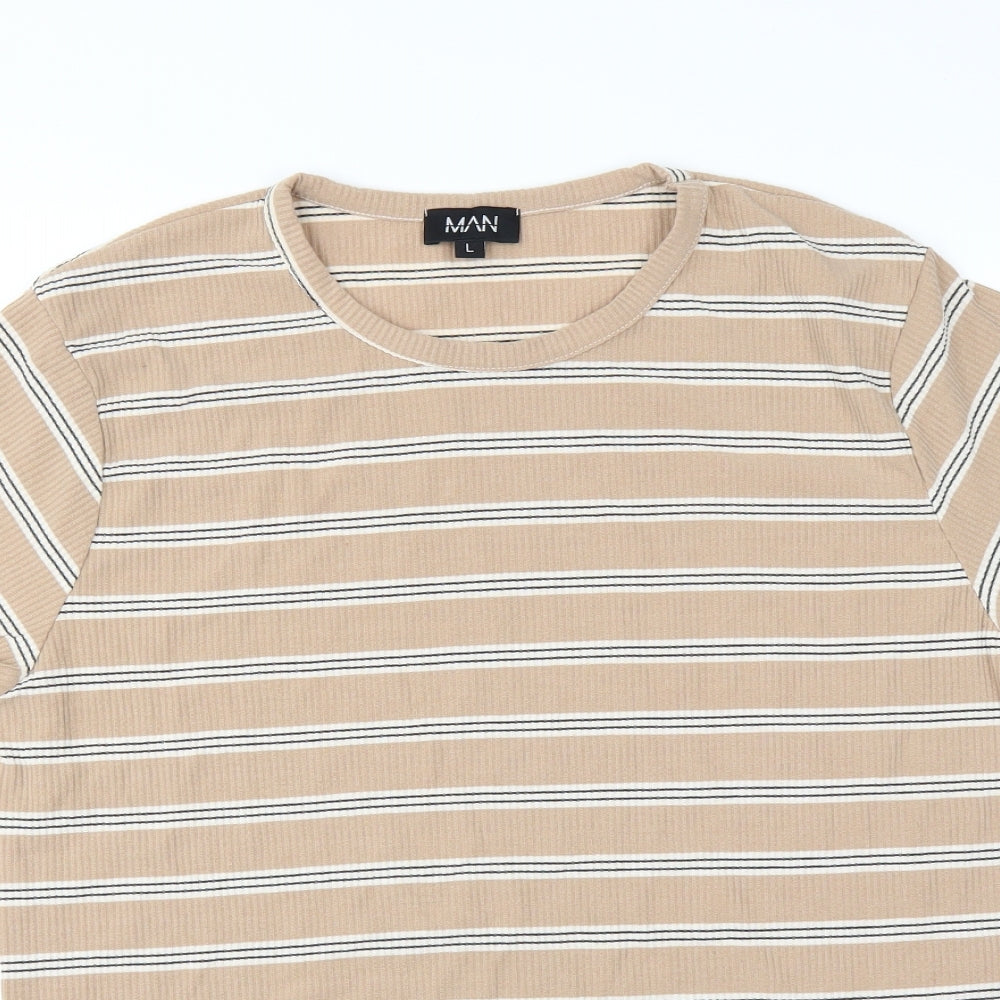 Boohoo Mens Beige Striped   T-Shirt Size L