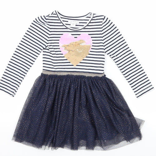 Primark Girls Grey Striped Jersey Skater Dress  Size 3-4 Years  - Love Heart