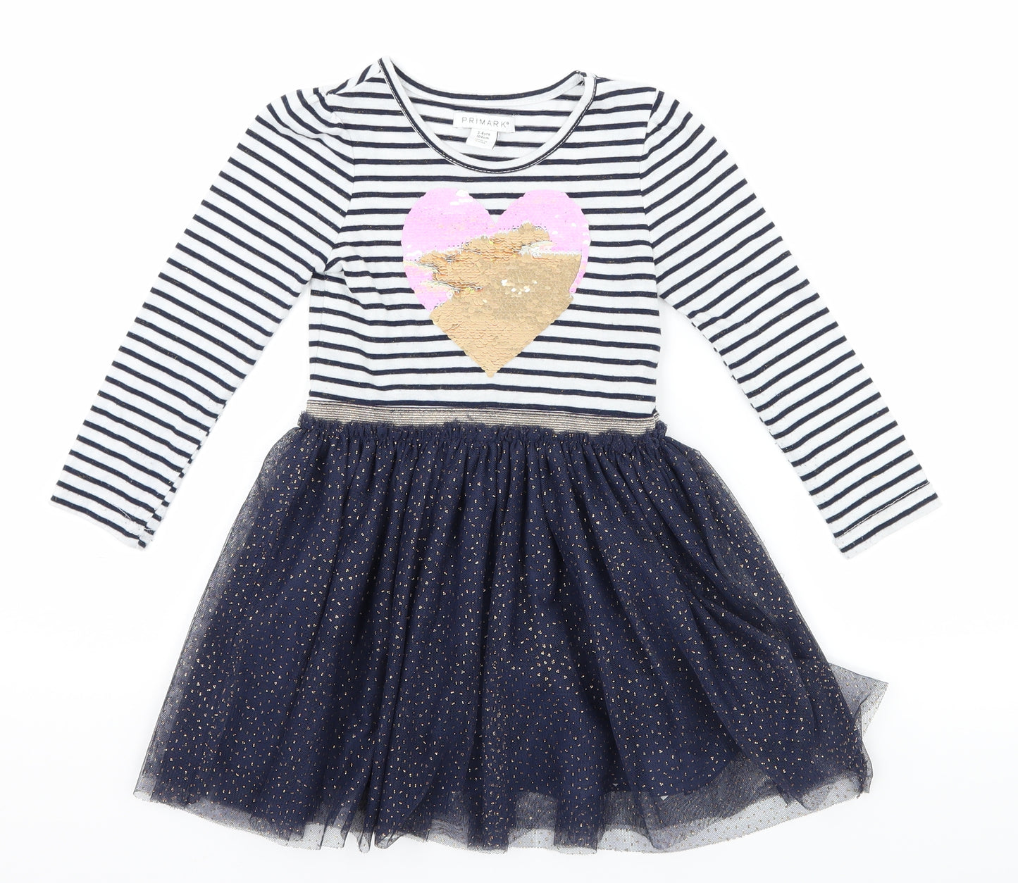 Primark Girls Grey Striped Jersey Skater Dress  Size 3-4 Years  - Love Heart