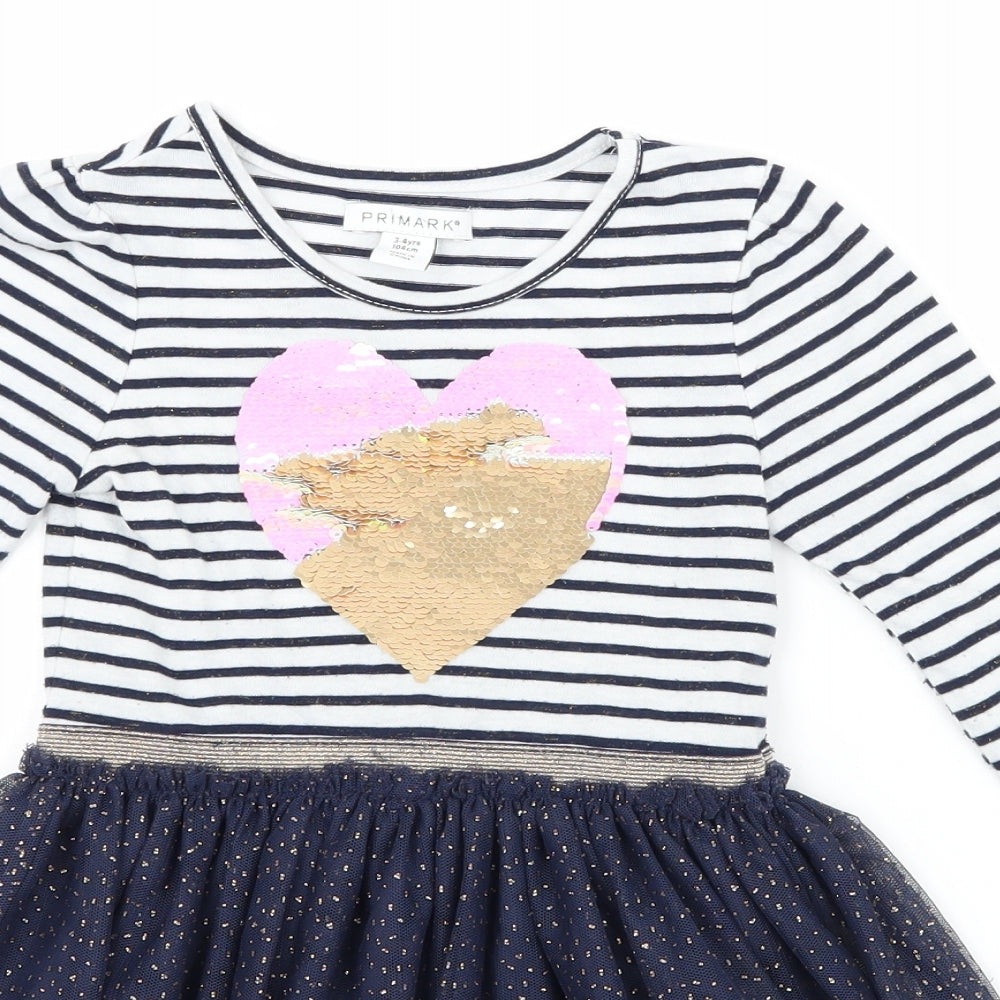 Primark Girls Grey Striped Jersey Skater Dress  Size 3-4 Years  - Love Heart