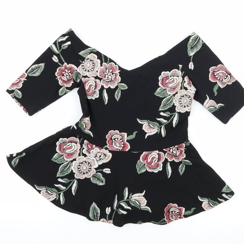 New Look Womens Black Floral Jersey Basic Blouse Size 8