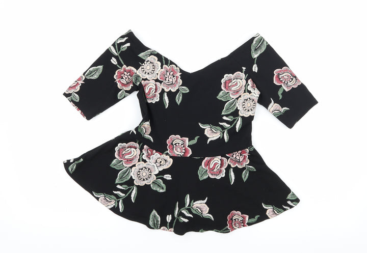 New Look Womens Black Floral Jersey Basic Blouse Size 8