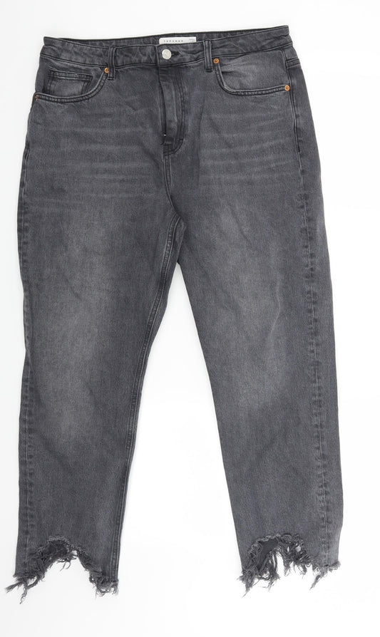 Front view of Topshop women’s grey denim cropped jeans, size UK 34, in, 25-inch leg