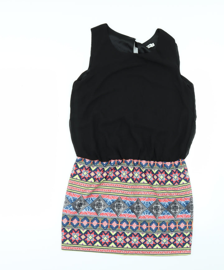 Unika Womens Black Geometric Rayon T-Shirt Dress  Size M