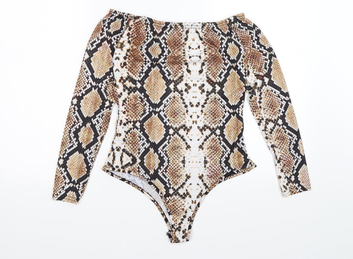 pretty little thing Womens Brown Animal Print Bodysuit One-Piece Size 10 - snake skin