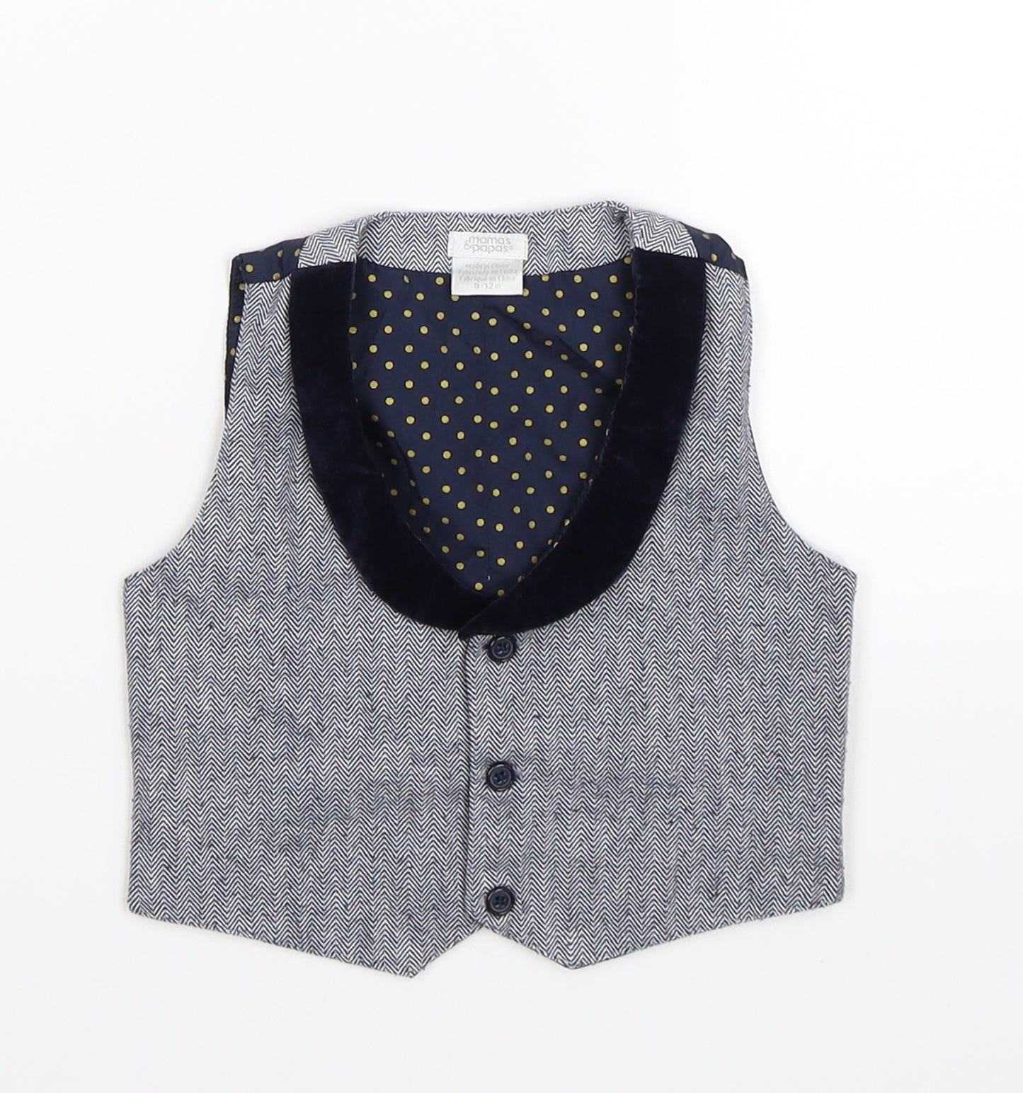 mamas & papas Boys Blue Herringbone Knit Shorts Suit Suit Waistcoat Size 9-12 Months  - wedding occasion