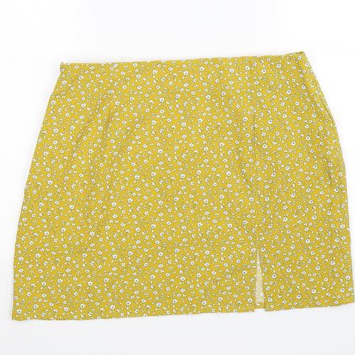 SheIn Womens Yellow Floral Chiffon A-Line Skirt Size L