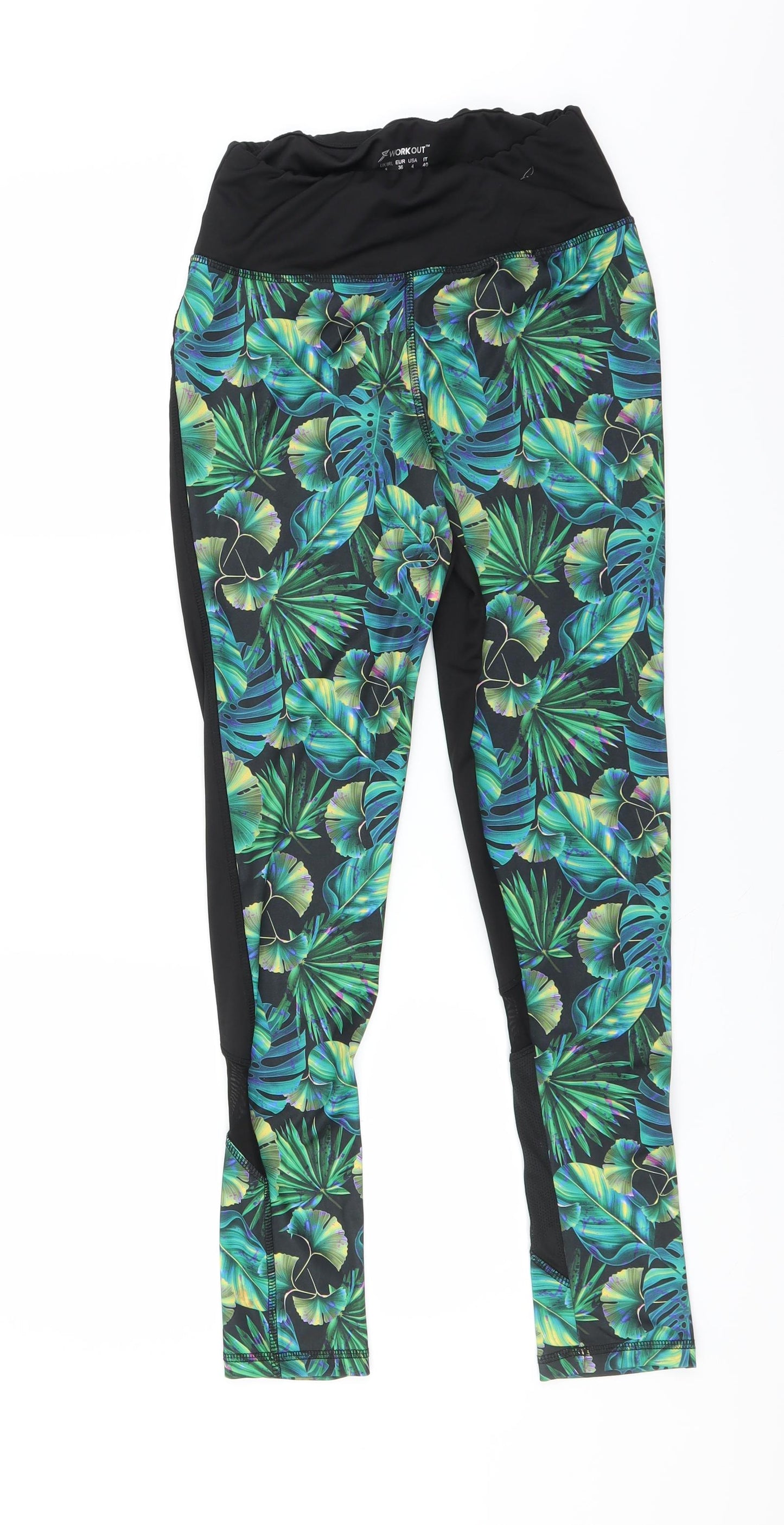 Primark Womens Black Floral  Compression Leggings Size 8 L29 in - leaf print