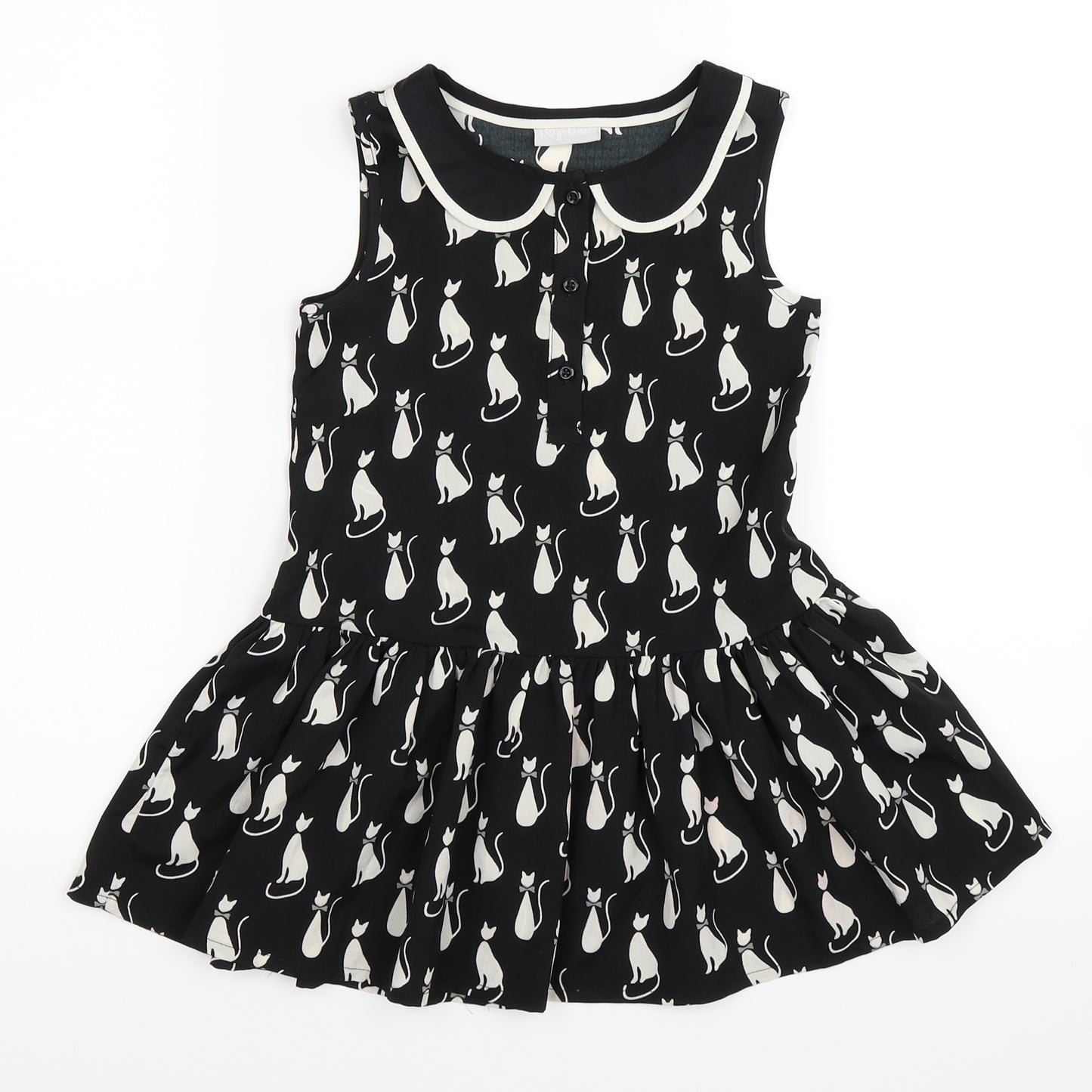 NEXT Girls Black Animal Print  Skater Dress  Size 6 Years  - cats