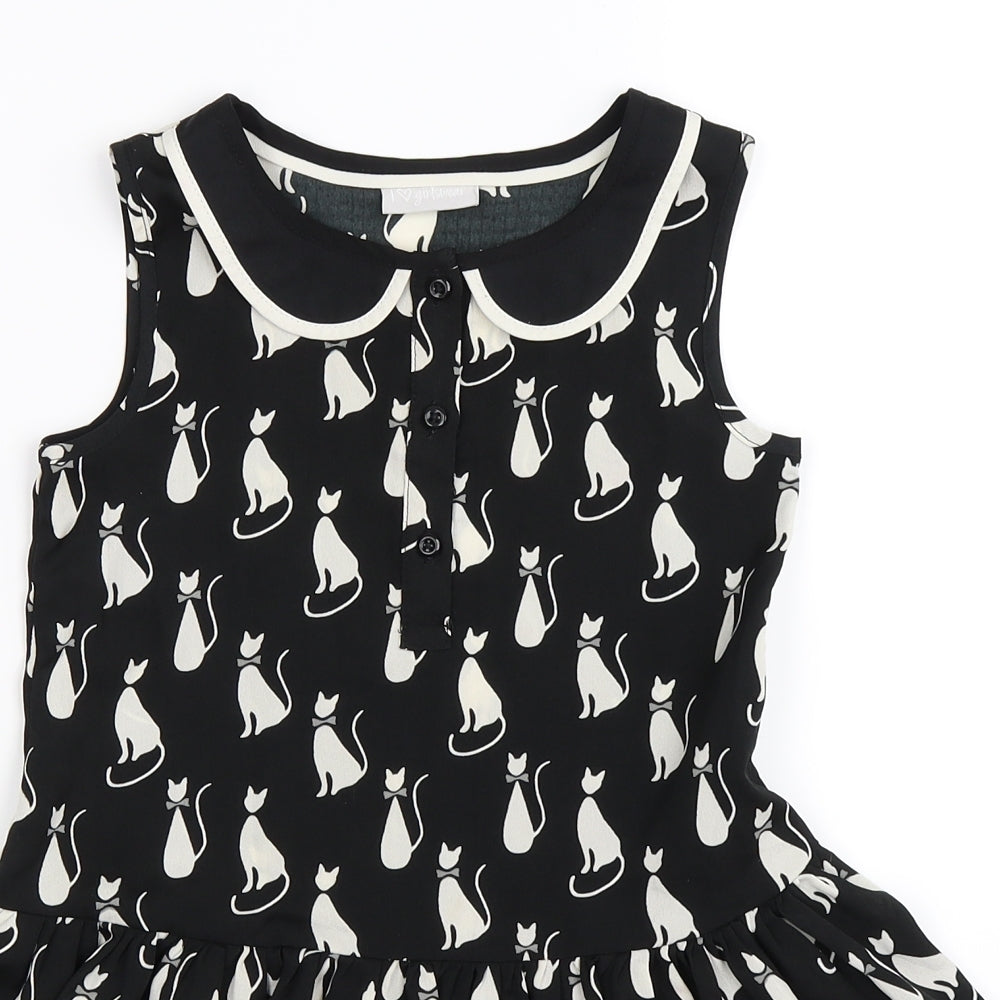 NEXT Girls Black Animal Print  Skater Dress  Size 6 Years  - cats