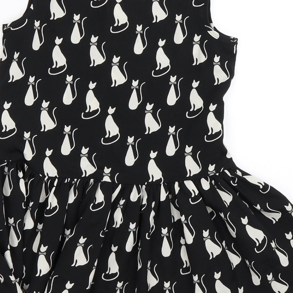 NEXT Girls Black Animal Print  Skater Dress  Size 6 Years  - cats