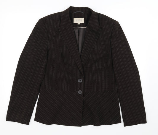 Front view of NEXT women’s brown striped jacket blazer, size UK 14