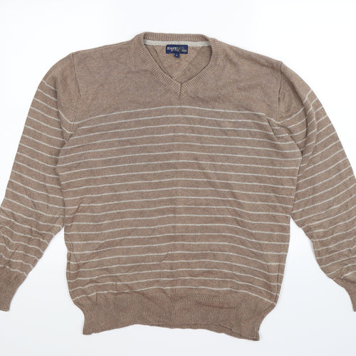 Easy Mens Brown Striped Knit Pullover Jumper Size L
