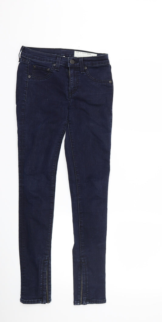 Front view of rag & bone women’s blue denim skinny jeans, size UK 24, in, 27-inch leg