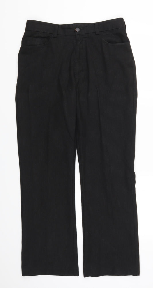 Front view of Preworn men’s black striped trousers, size 32, 29-inch leg