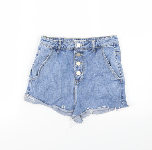 Front view of REDAIL women’s blue denim hot pants shorts, size UK 6