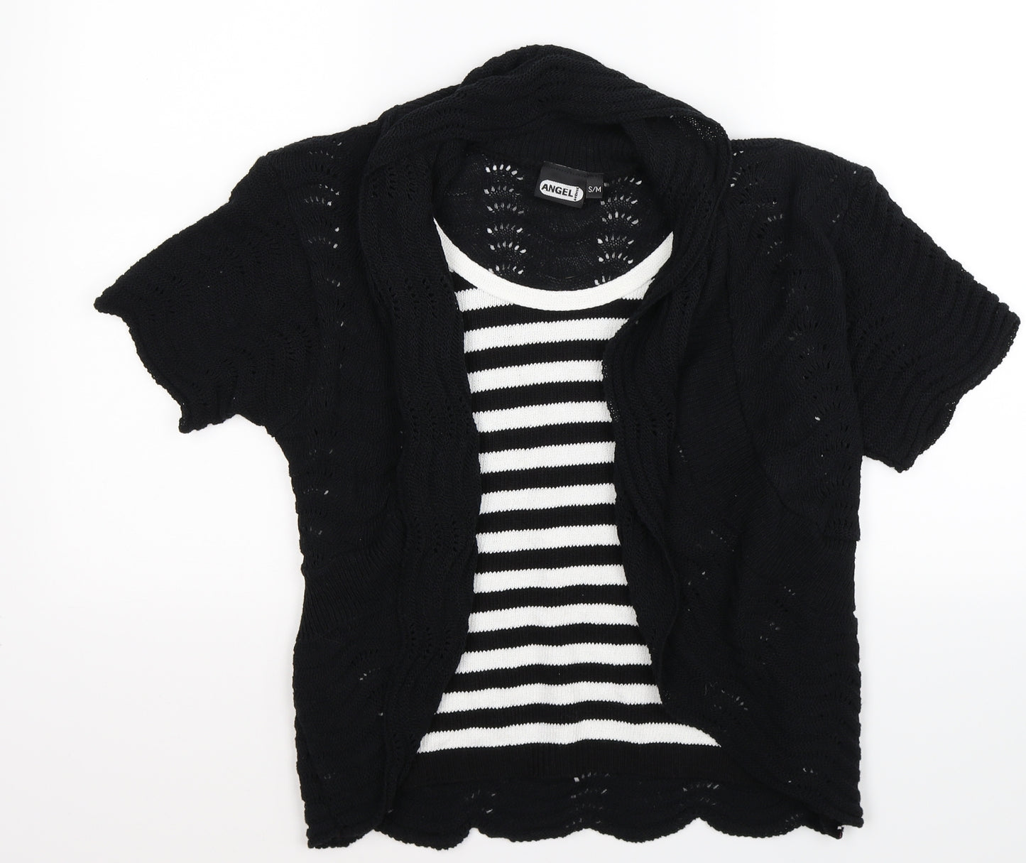 angel  Womens Black Striped Knit Wrap T-Shirt Size S  - mock cardigan