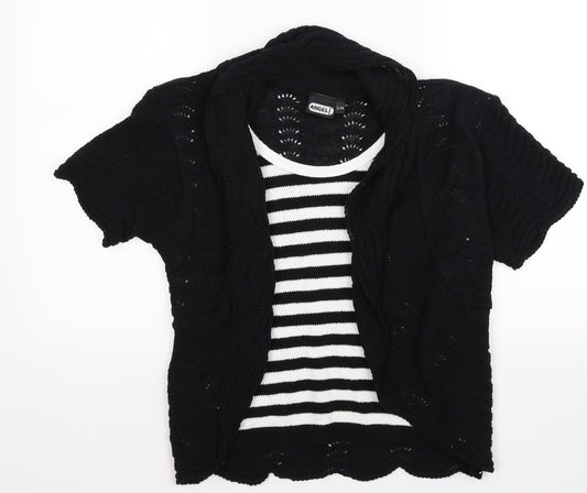 Front view of angel women’s black striped knit wrap t-shirt, size S, - mock cardigan