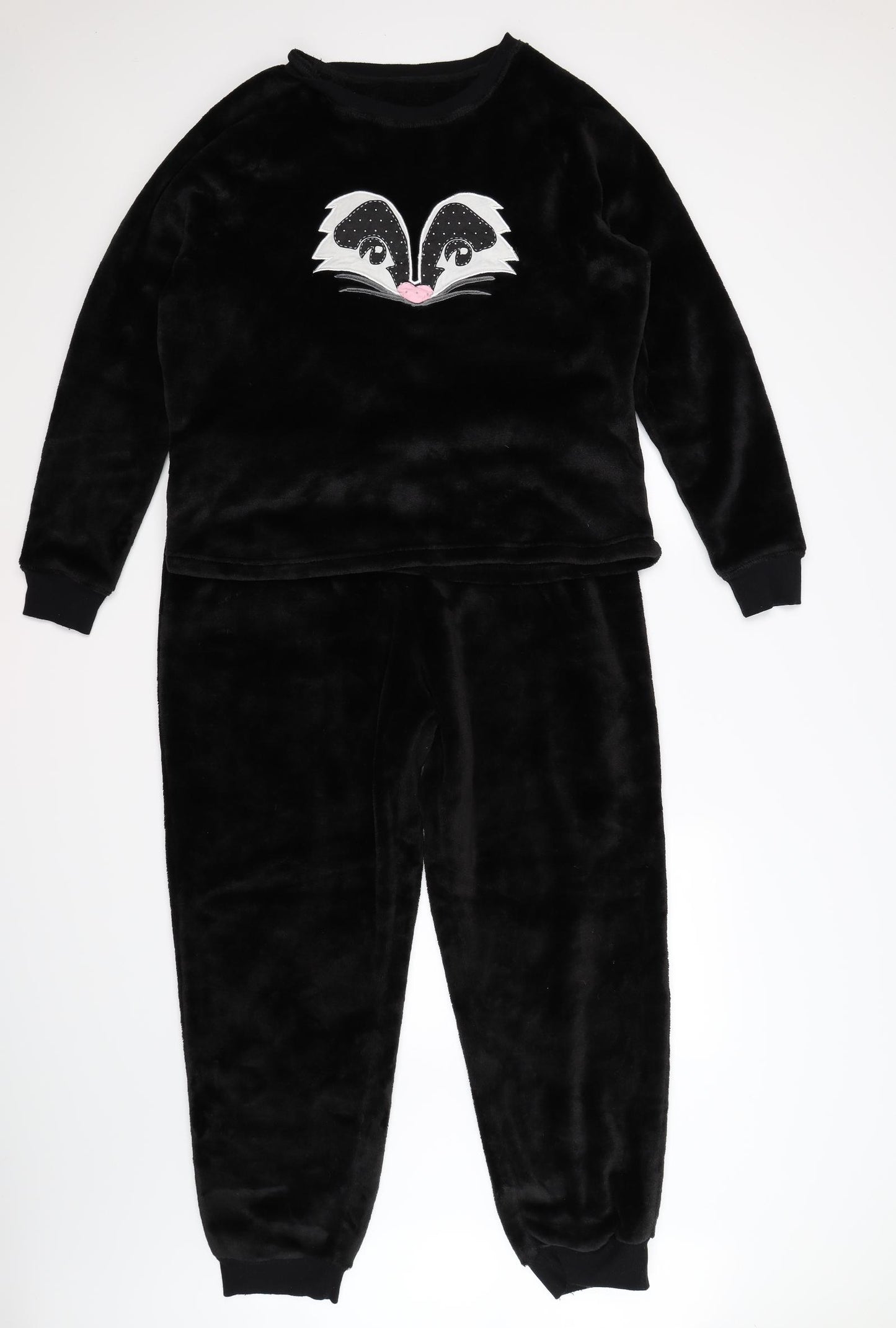 Marks and Spencer Womens Black Animal Print Fleece Top Pyjama Set Size 16  - badger top and bottoms