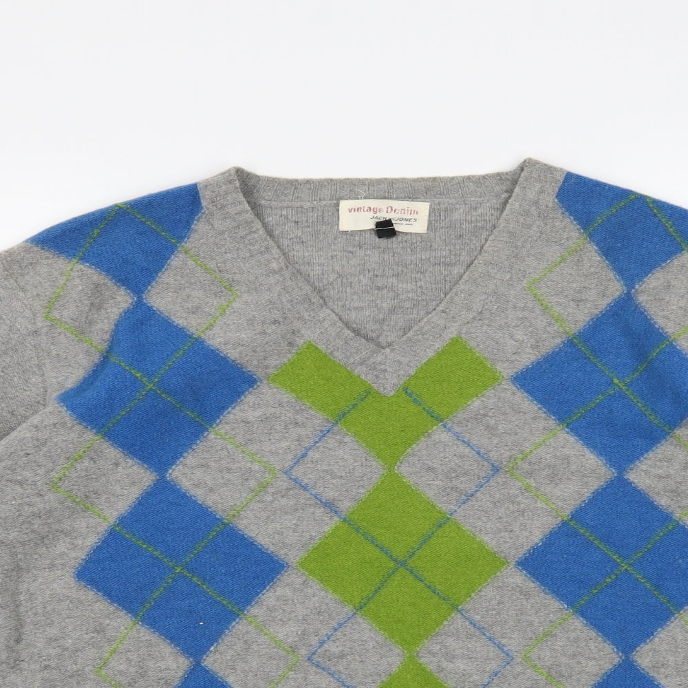 Jack Jones Mens Grey Argyle/Diamond  Pullover Jumper Size M