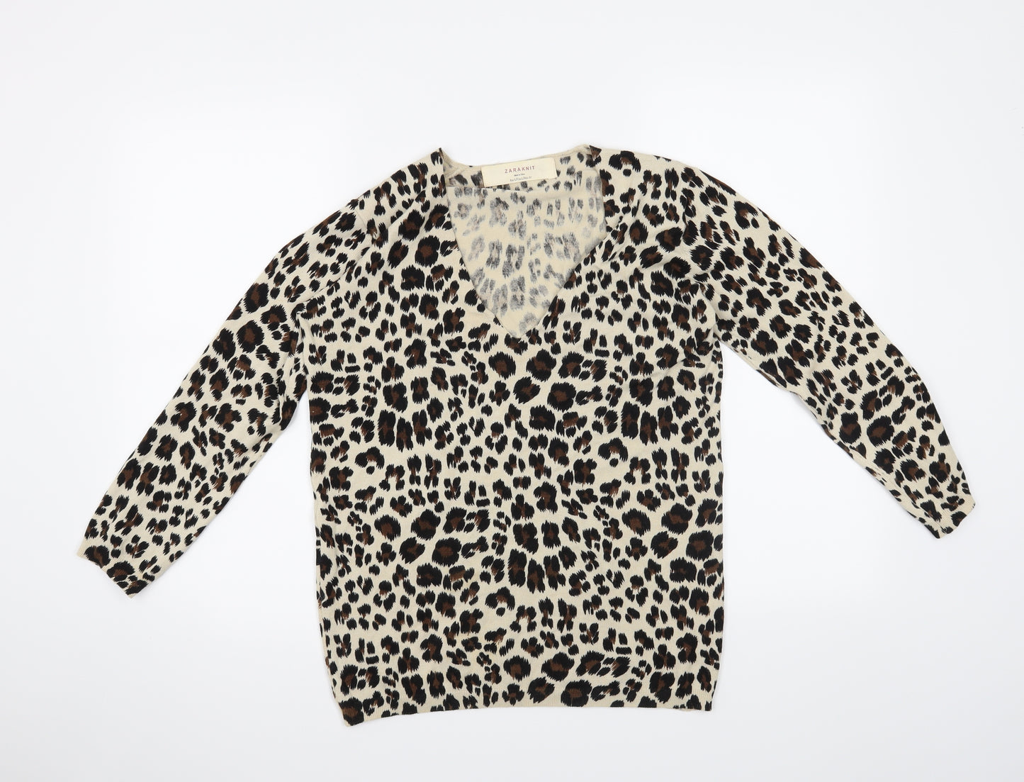 Zara Knit Womens Beige Animal Print  Pullover Jumper Size L