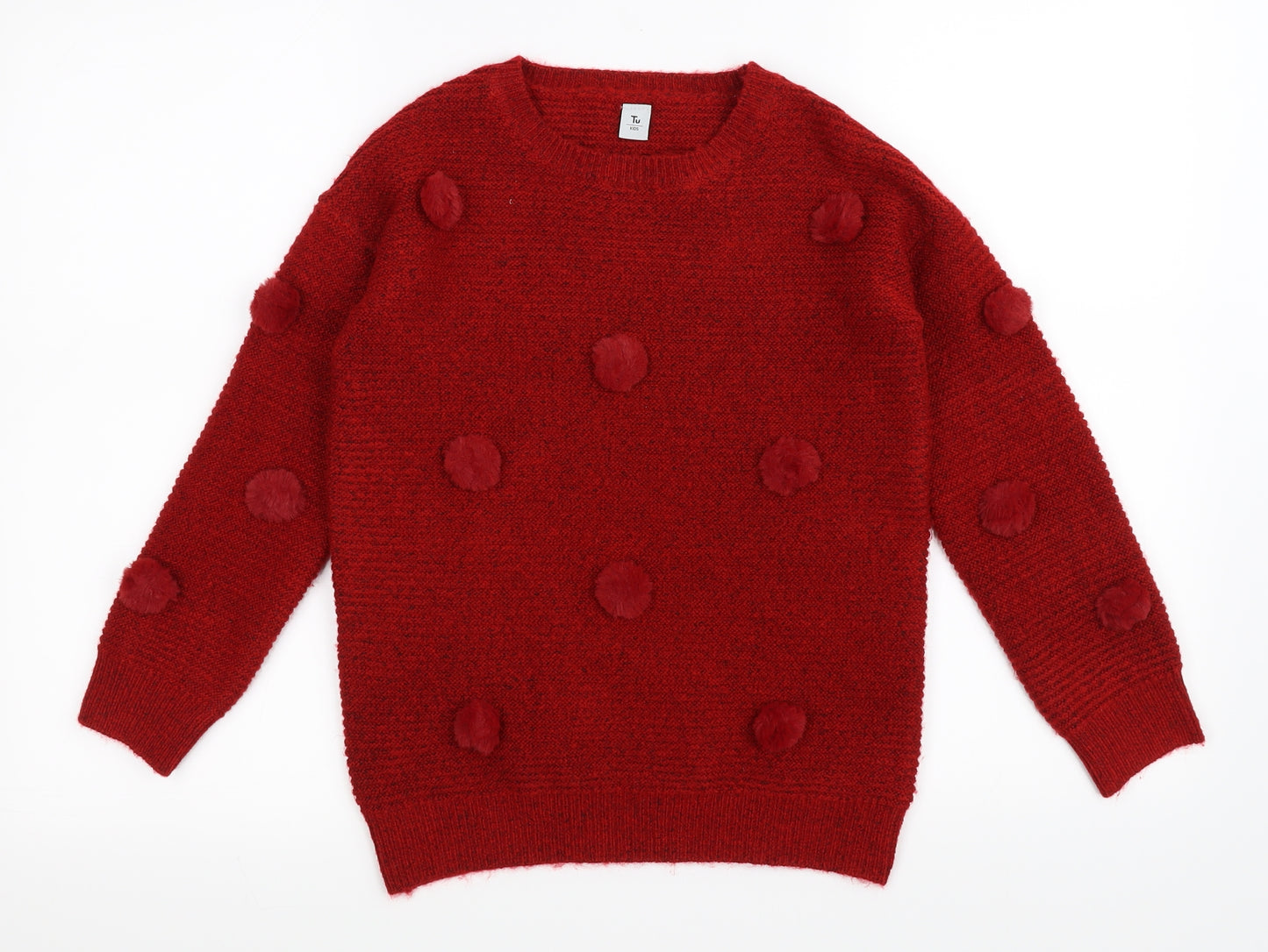 TU  Girls Red   Pullover Jumper Size 9 Years  - pom poms