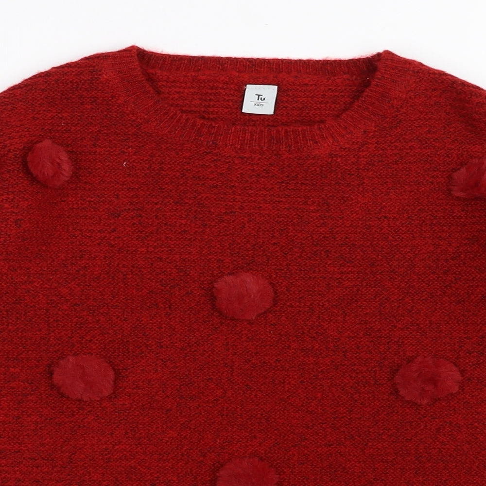 TU  Girls Red   Pullover Jumper Size 9 Years  - pom poms