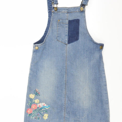 Nutmeg Girls Blue   Pinafore/Dungaree Dress  Size 9-10 Years  - Floral embroidery