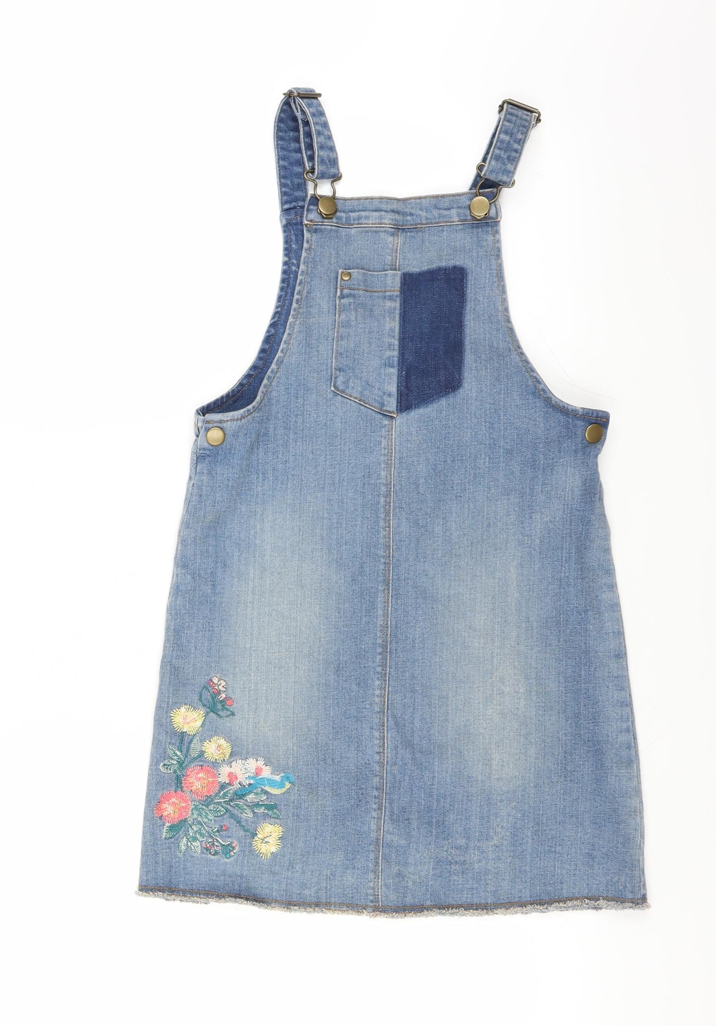 Nutmeg Girls Blue   Pinafore/Dungaree Dress  Size 9-10 Years  - Floral embroidery
