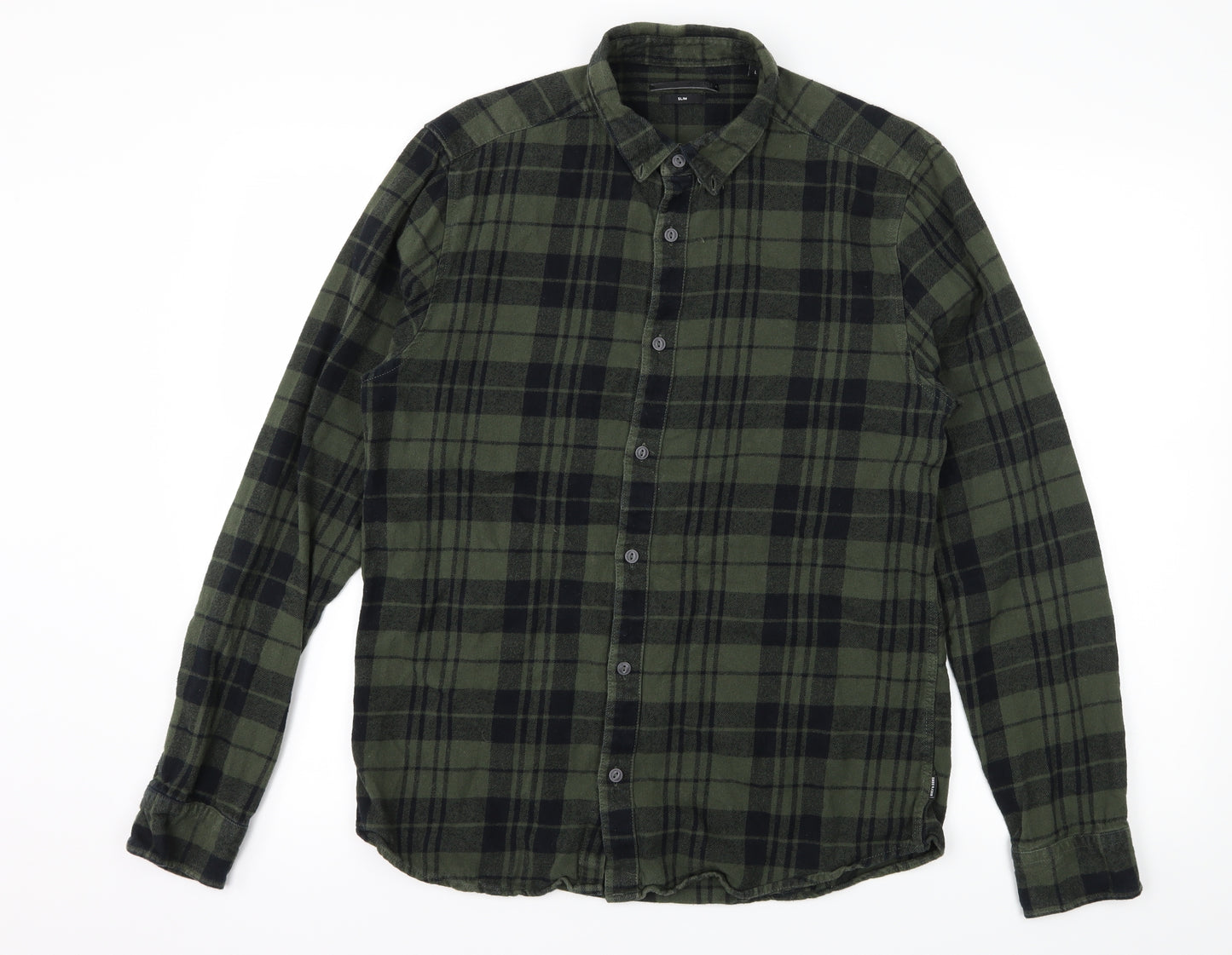 ONLY & SONS Mens Green Plaid   Button-Up Size L