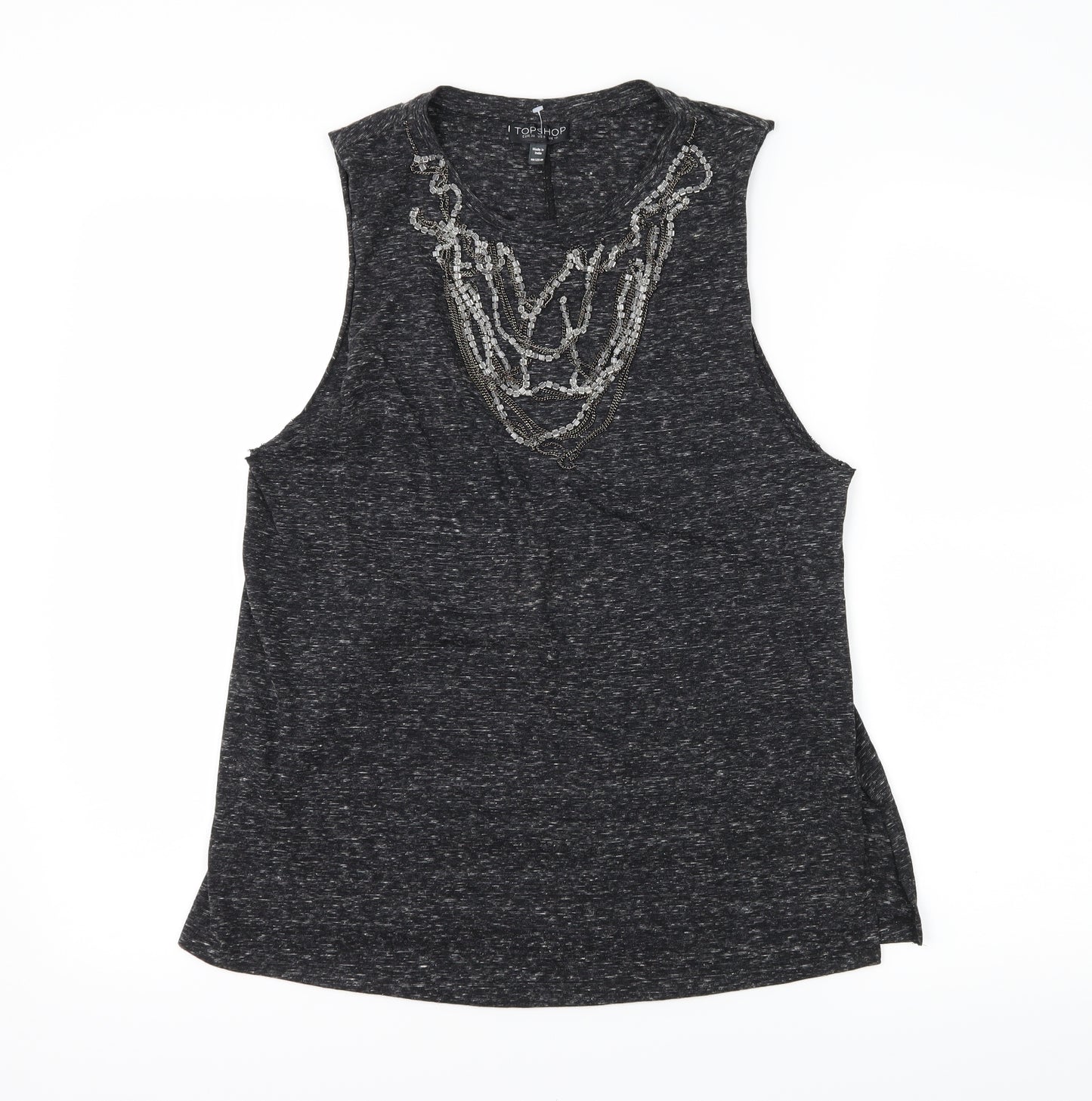 Topshop Womens Grey  Jersey Basic T-Shirt Size 10  - Embelished Neckline