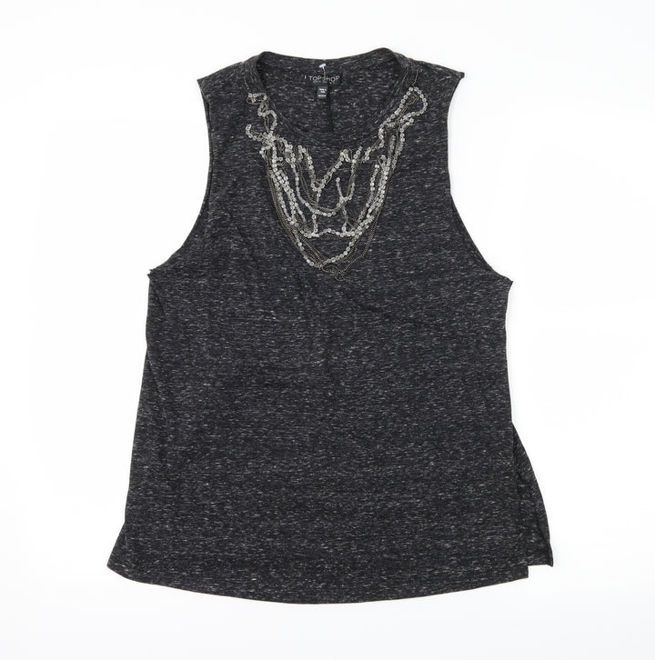 Topshop Womens Grey  Jersey Basic T-Shirt Size 10  - Embelished Neckline