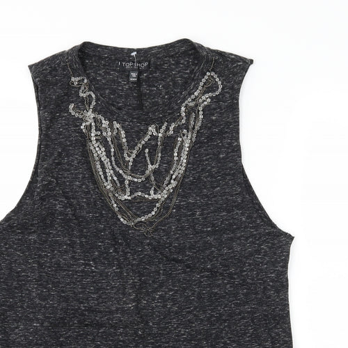 Topshop Womens Grey  Jersey Basic T-Shirt Size 10  - Embelished Neckline