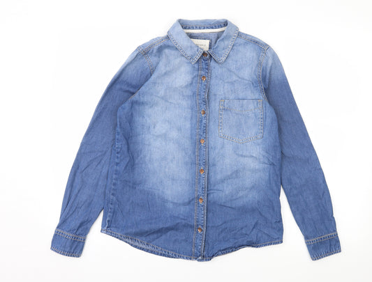 Front view of Forever 21 women’s blue denim basic button-up, size S