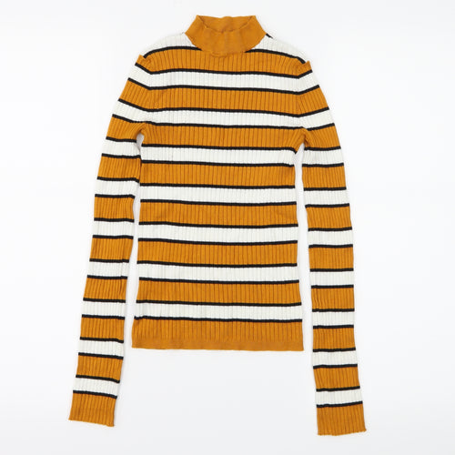 Bershka Womens Orange Striped Jersey Basic T-Shirt Size XS