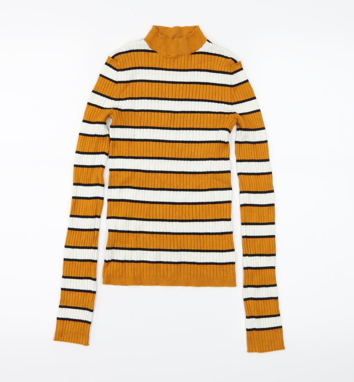 Bershka Womens Orange Striped Jersey Basic T-Shirt Size XS