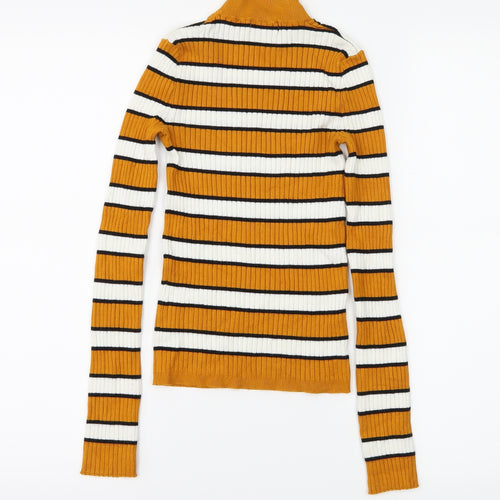 Bershka Womens Orange Striped Jersey Basic T-Shirt Size XS