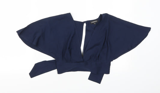 Front view of Chemistry women’s blue cropped blouse, size UK 8