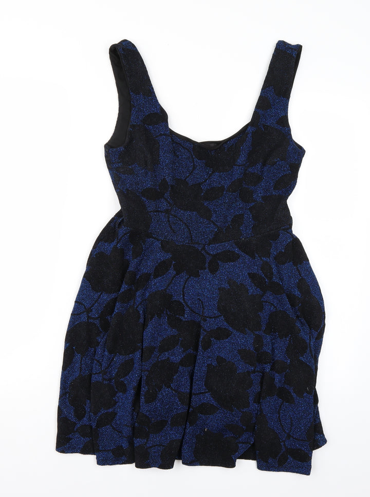 Club L Womens Blue Floral A-Line Size 10