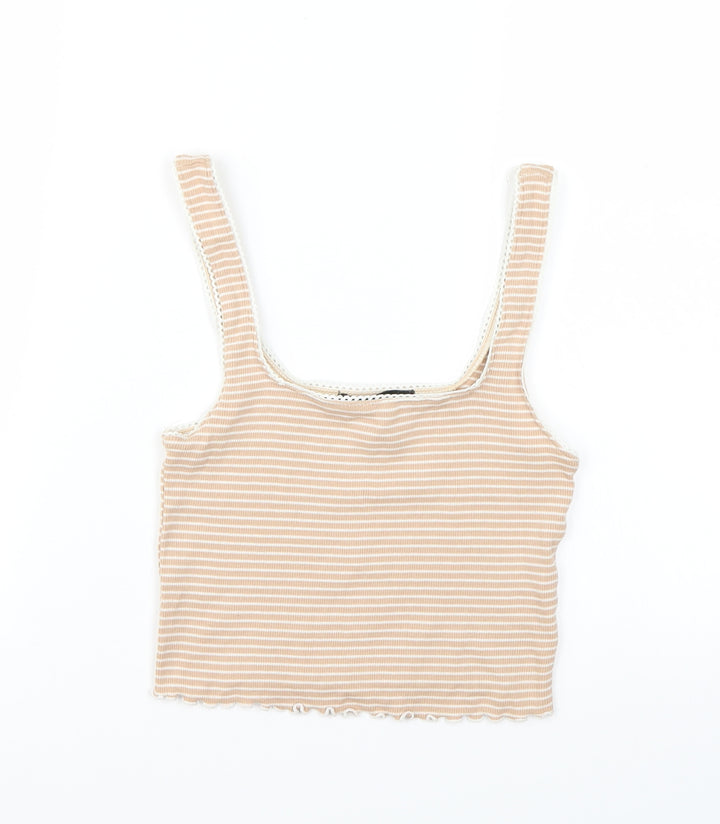 FOREVER 21 Womens Beige Striped Basic T-Shirt Size XS