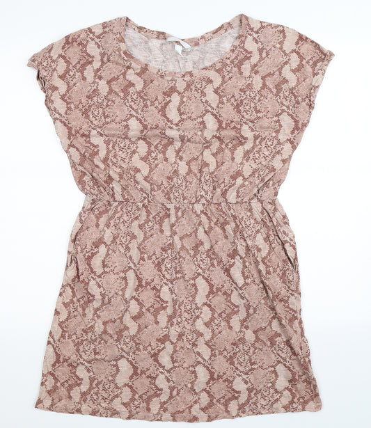 Front view of H&M women’s beige animal print t-shirt dress, size M