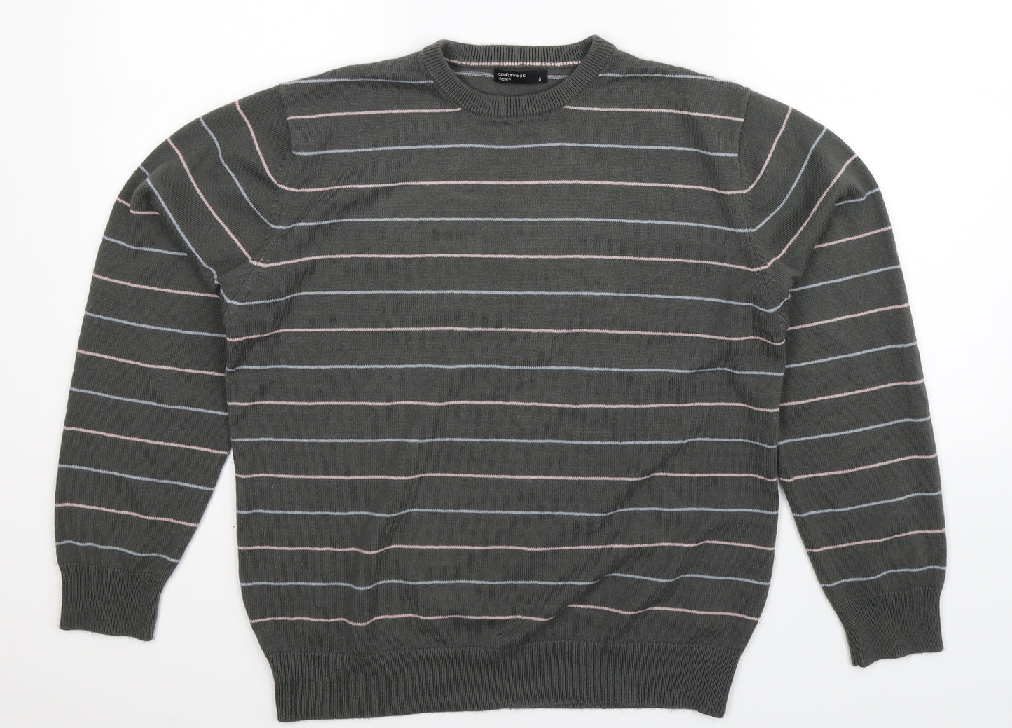 Cedar Wood State Mens Grey Striped Knit Pullover Jumper Size S